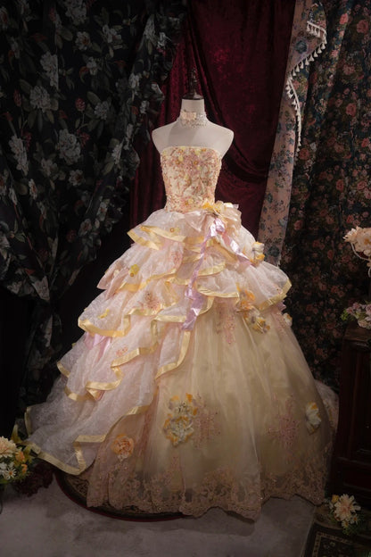 Elegant Ball Gown Strapless Yellow With Ruffled Tiered Flowers Long Quince Dress Quinceanera Dresses Formal Birthday Outfits RB8092