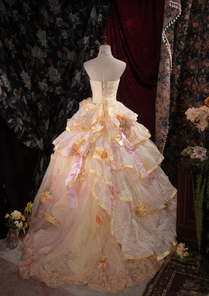 Elegant Ball Gown Strapless Yellow With Ruffled Tiered Flowers Long Quince Dress Quinceanera Dresses Formal Birthday Outfits RB8092
