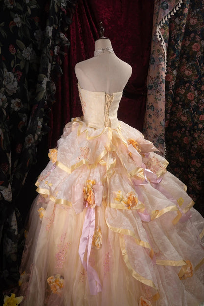 Elegant Ball Gown Strapless Yellow With Ruffled Tiered Flowers Long Quince Dress Quinceanera Dresses Formal Birthday Outfits RB8092