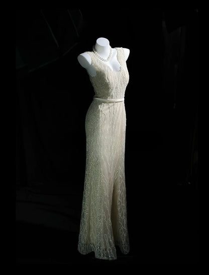 Vintage 90s Prom Dresses Mermaid V Neckline Champagne Sequined With Slit Beading Evening Dress Formal Outfits RB5878