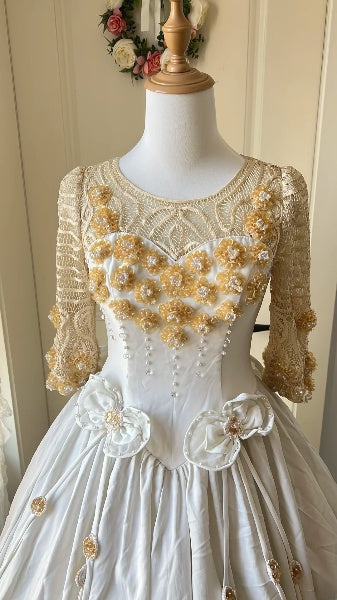 Princess Wedding Dress Ball Gown Scoop White Satin With 3D Flowers Bridal Gown for Big Day RC0443