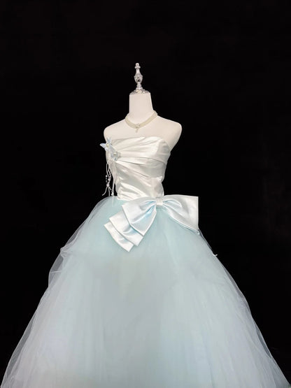 Stunning Ball Gown Strapless Blue Tulle With Bow-knot Quince Dress Voluminous Sweet 16 Sweet Sixteen Outfits Vestido de 15 RB7443