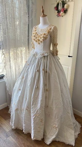 Princess Wedding Dress Ball Gown Scoop White Satin With 3D Flowers Bridal Gown for Big Day RC0443
