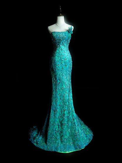 Blue Prom Dress Mermaid One Shoulder With Beading Modest Floor Length Formal Party Gown RB9874