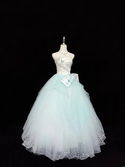 Stunning Ball Gown Strapless Blue Tulle With Bow-knot Quince Dress Voluminous Sweet 16 Sweet Sixteen Outfits Vestido de 15 RB7443