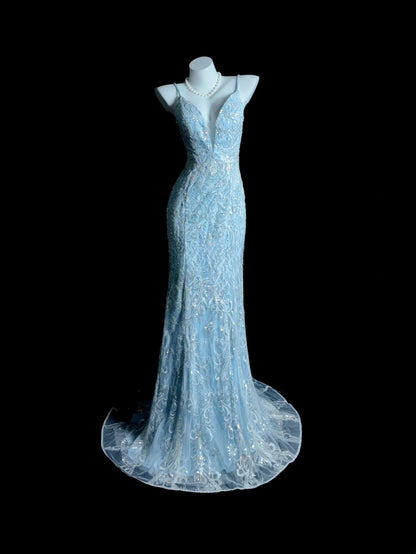 Blue Prom Dress Inspo Mermaid Spaghetti Straps Sequin Modest Long Formal Party Gown RB9875