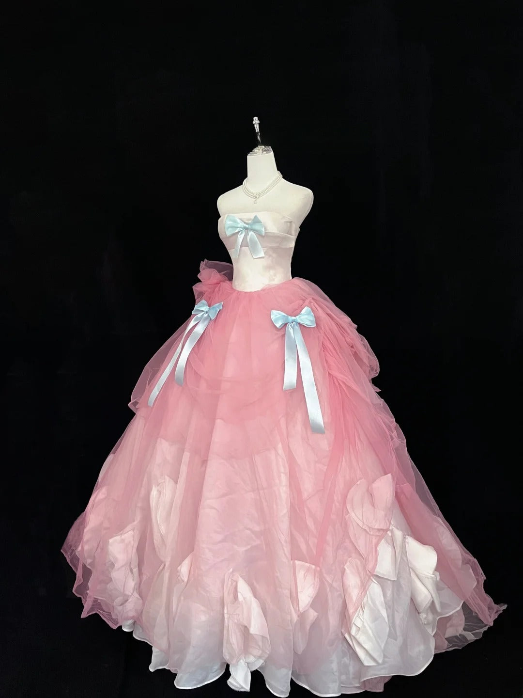 Beautiful Ball Gown Strapless Pink Tulle With Blue Bow-knot Quince Dress Voluminous Sweet 16 Sweet Sixteen Outfits Vestido de 15 RB7444