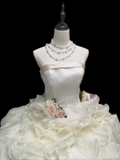 Unique Ball Gown Strapless Layered Tiered Tulle With Beads Long Prom Quinceanera Dresses Sweet 15 16 Birthday Gown AS073