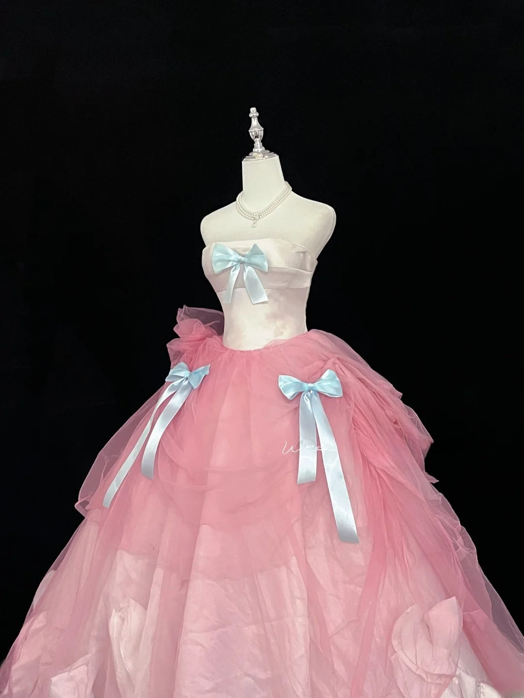 Beautiful Ball Gown Strapless Pink Tulle With Blue Bow-knot Quince Dress Voluminous Sweet 16 Sweet Sixteen Outfits Vestido de 15 RB7444