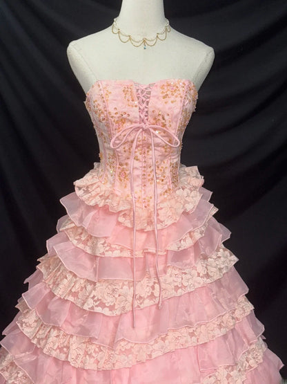 Princess Ball Gown Strapless Sleeveless Pink Tiered With Ruffles Flower Long Quinceanera Dress vestido de 15 de cenicienta RB3469