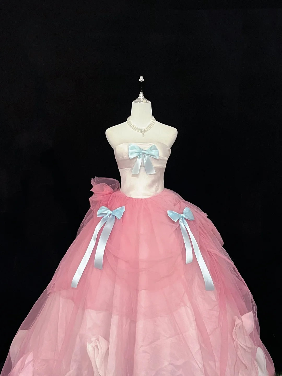 Beautiful Ball Gown Strapless Pink Tulle With Blue Bow-knot Quince Dress Voluminous Sweet 16 Sweet Sixteen Outfits Vestido de 15 RB7444