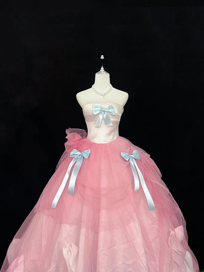Beautiful Ball Gown Strapless Pink Tulle With Blue Bow-knot Quince Dress Voluminous Sweet 16 Sweet Sixteen Outfits Vestido de 15 RB7444
