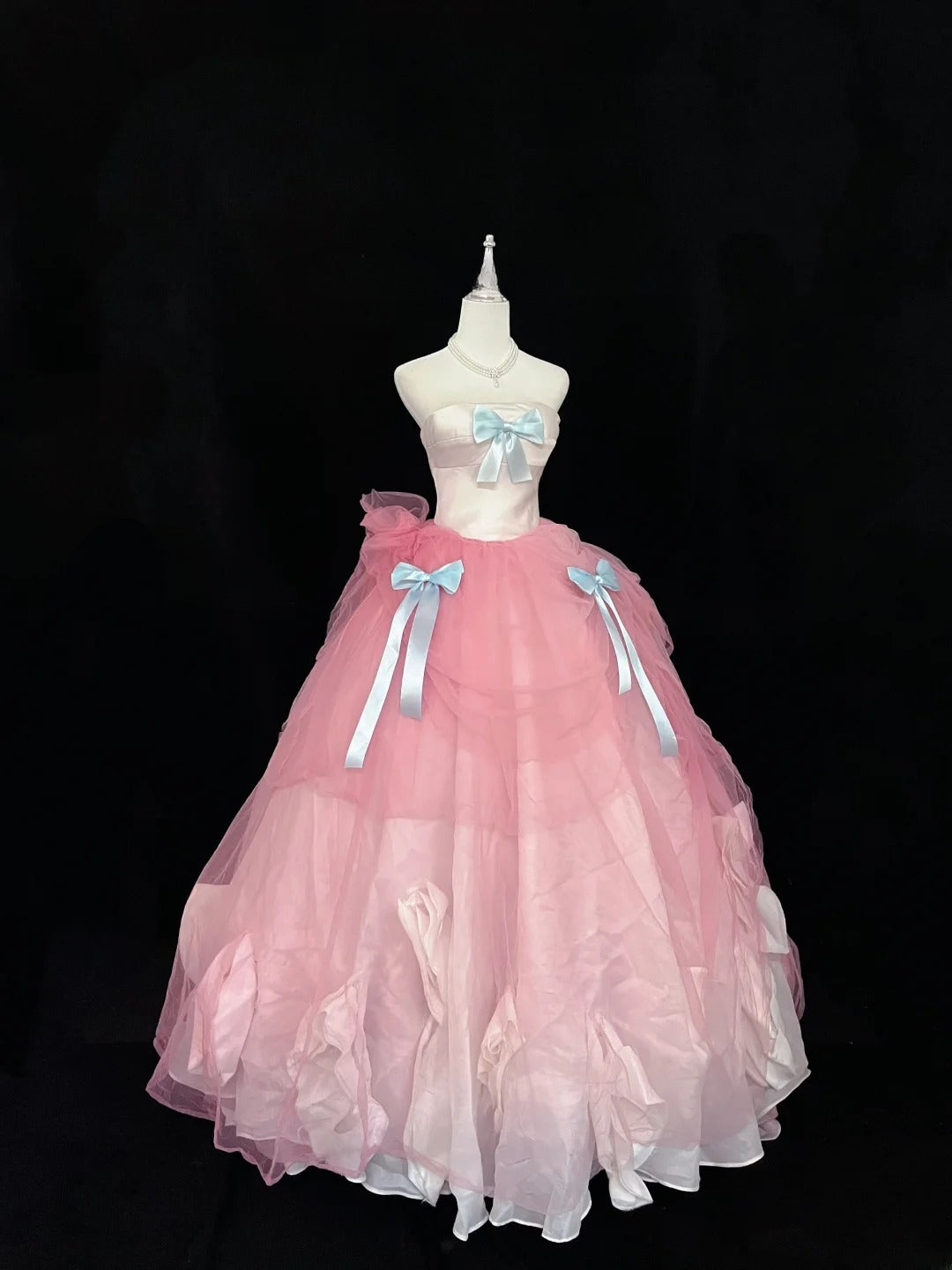 Beautiful Ball Gown Strapless Pink Tulle With Blue Bow-knot Quince Dress Voluminous Sweet 16 Sweet Sixteen Outfits Vestido de 15 RB7444