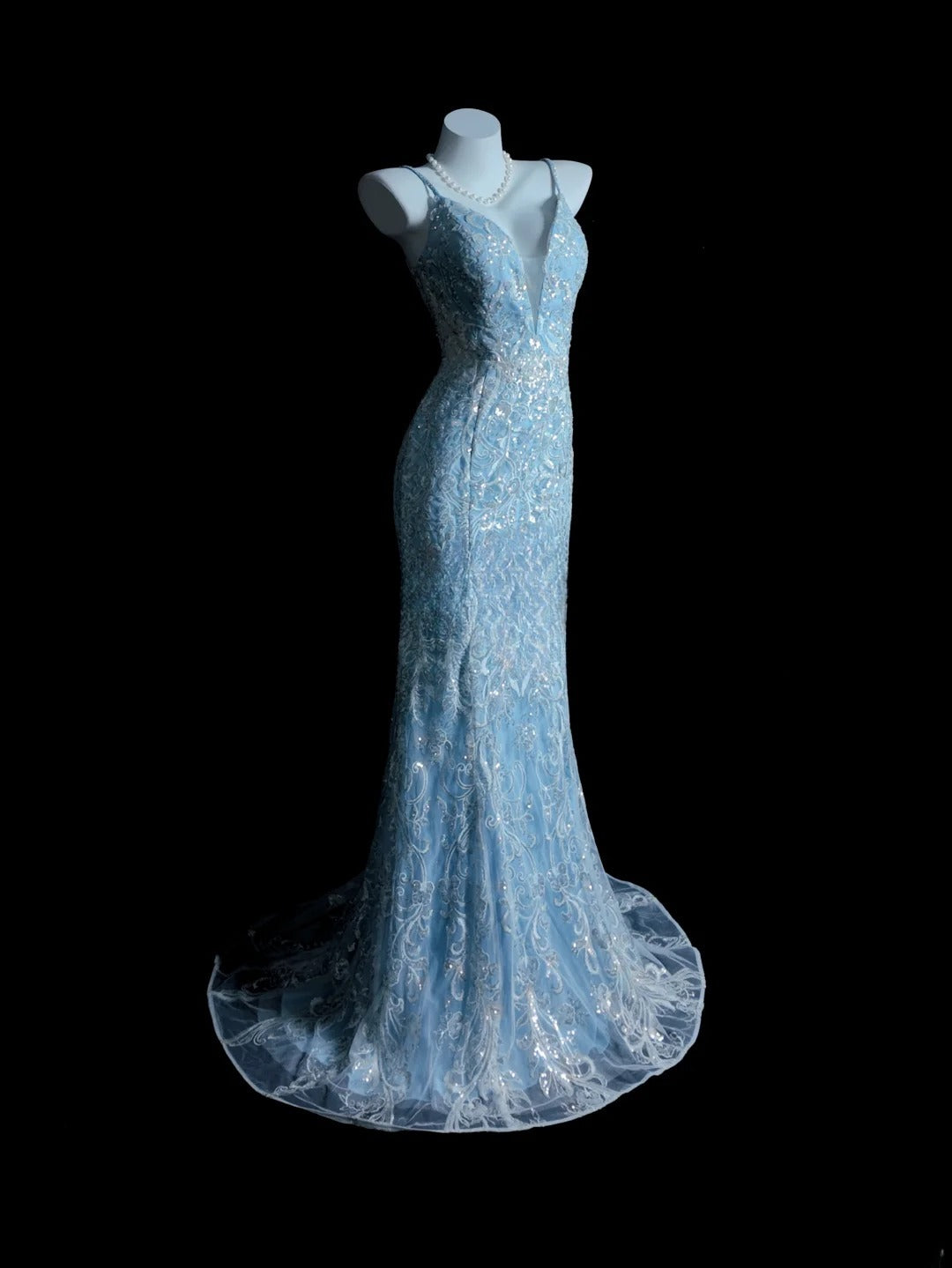 Blue Prom Dress Inspo Mermaid Spaghetti Straps Sequin Modest Long Formal Party Gown RB9875
