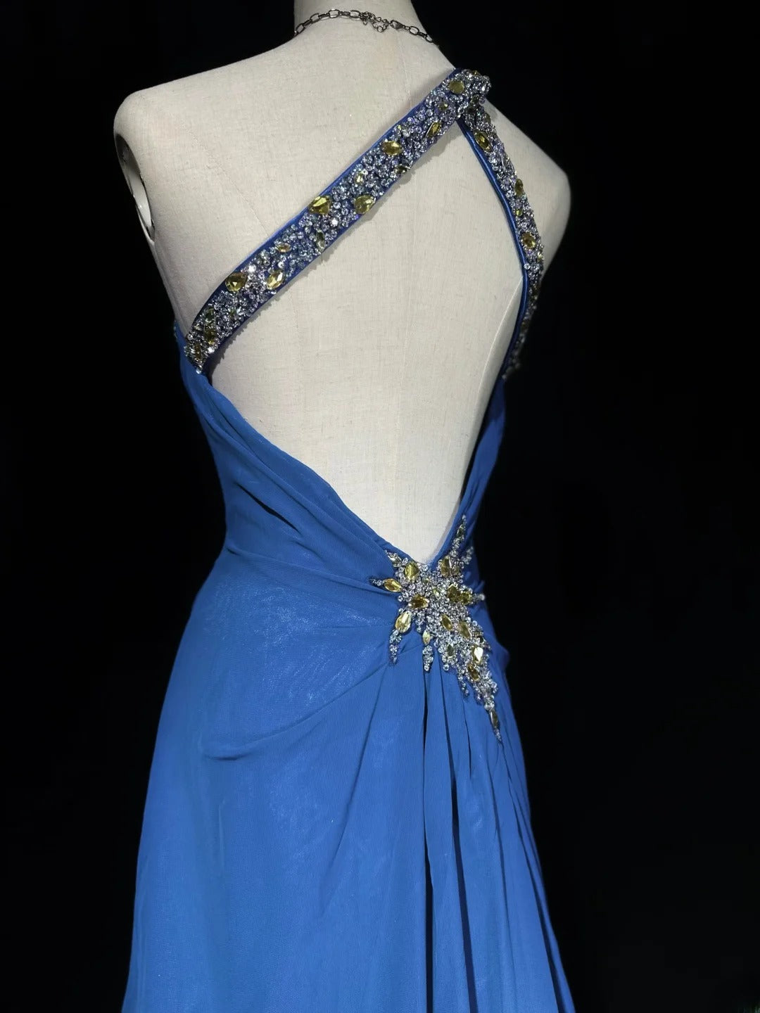 Vintage 80s Prom Dresses Mermaid One Shoulder Royal Blue Chiffon With Open Backs Long Evening Dress Formal Outfits RB5879
