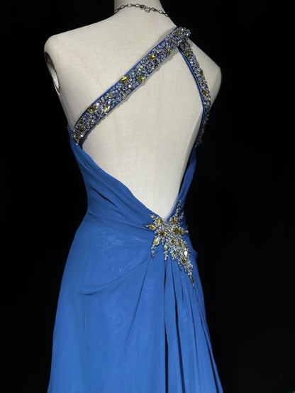 Vintage 80s Prom Dresses Mermaid One Shoulder Royal Blue Chiffon With Open Backs Long Evening Dress Formal Outfits RB5879