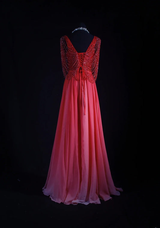 Vintage A line V Neck Chiffon Multi Ombre Pink Colors Party Dress With Beads 1950s Retro Classy Birthday Dinner Long Prom Dresses AS073