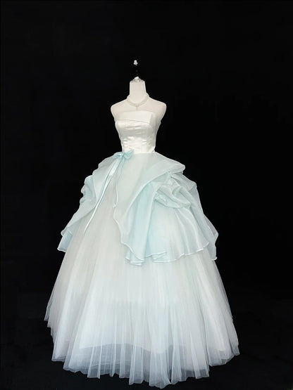 Classy Ball Gown Strapless Blue Tulle With Bow Quince Dress Voluminous Sweet 16 Quinceanera Dresses Vestido de RB7445