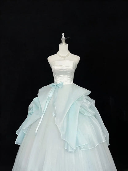 Classy Ball Gown Strapless Blue Tulle With Bow Quince Dress Voluminous Sweet 16 Quinceanera Dresses Vestido de RB7445