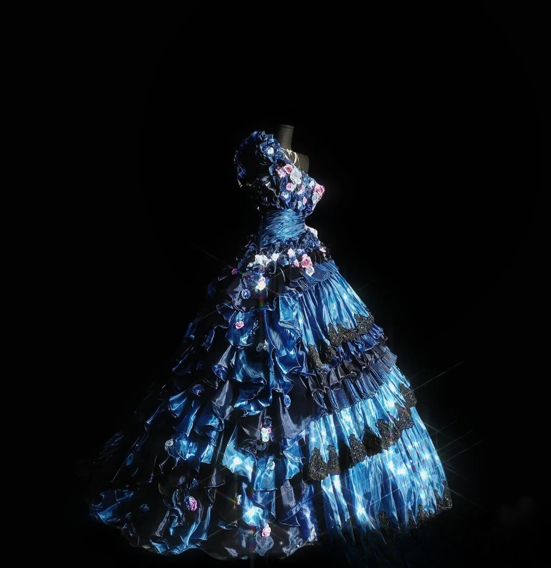 Princess Ball Gown One Shoulder Blue With Ruffled Long Quinceañera Dress Moda 2000 15 Quinceanera Dresses Ideas Sweet 16 Outfit RB7070