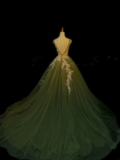 Princess Ball Gown Scoop Olive Green Sleeveless With Appliqued Long Quinceanera Dress vestido de 15 de cenicienta RB3470