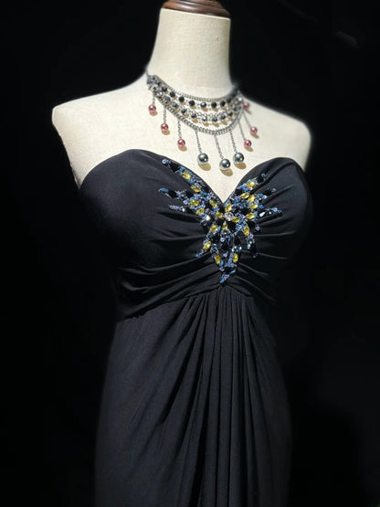 Vintage 70s Prom Dresses Mermaid Sweetheart Black Chiffon With Beading Evening Dress Formal Outfits RB5880