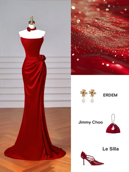 Cheap Mermaid Red Strapless With Pleated Sleeveless Long Formal Fancy Prom Evening Dress Dinner Outfits Party Gowns For Teens AQ074