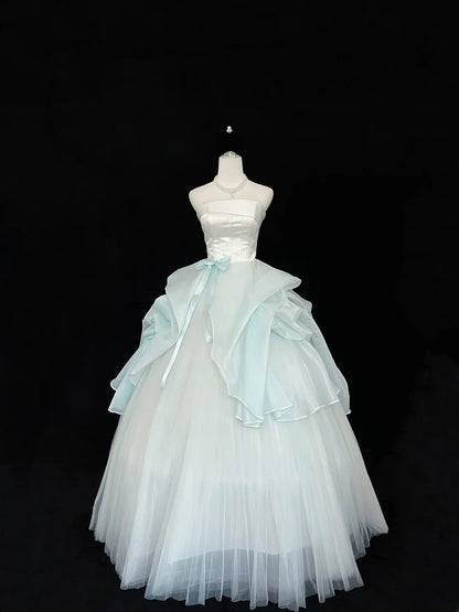 Classy Ball Gown Strapless Blue Tulle With Bow Quince Dress Voluminous Sweet 16 Quinceanera Dresses Vestido de RB7445