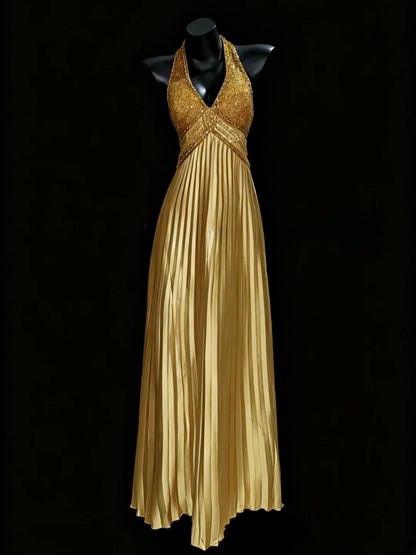 Vintage Prom Dresses A Line Halter Gold Satin Sleeveless With Gold Beading Long Evening Formal Outfits RB3471