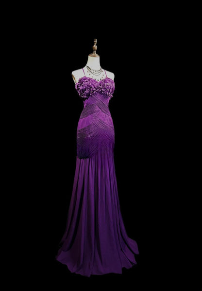 Vintage 80s Prom Dresses Mermaid Spaghetti Strap Purple Chiffon With Ruffled Long Evening Dress Formal Outfits RB5882