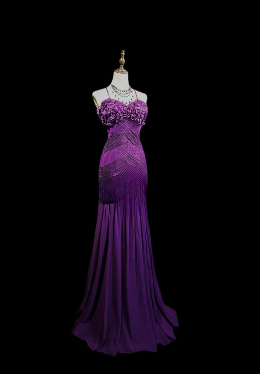 Vintage 80s Prom Dresses Mermaid Spaghetti Strap Purple Chiffon With Ruffled Long Evening Dress Formal Outfits RB5882