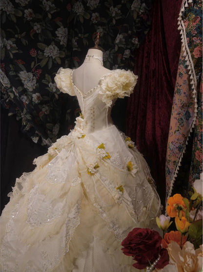 Vintage Ball Gown Sweetheart Light Yellow Tulle With Flowers Tulle Long Autumn Brides Gown Bridal Dress Wedding Dresses RB8095