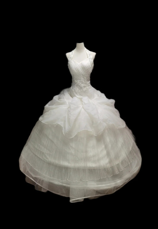 Unique Ball Gown Halter White Layered Tiered Tulle With Beads Long Wedding Quinceanera Dresses Sweet 15 16 Birthday Gown AS075
