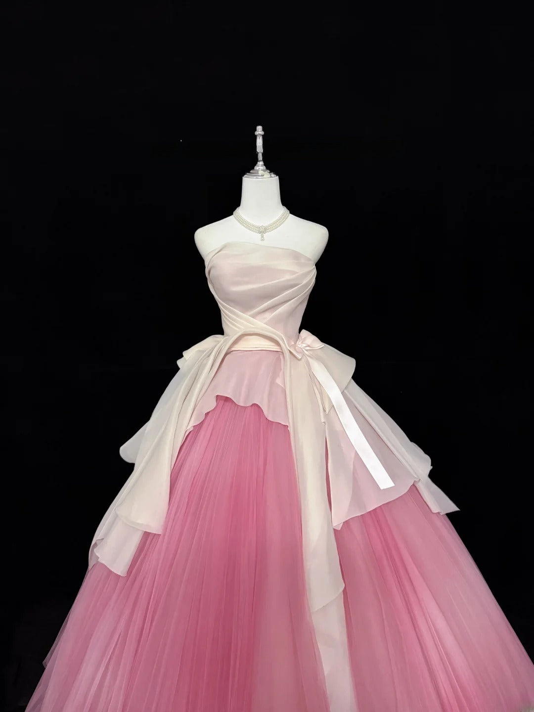 Classy Ball Gown Strapless Pink Tulle With Bow Quince Dress Voluminous Sweet 16 Quinceanera Dresses Vestido de RB7446