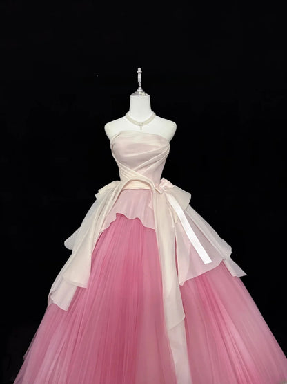 Classy Ball Gown Strapless Pink Tulle With Bow Quince Dress Voluminous Sweet 16 Quinceanera Dresses Vestido de RB7446