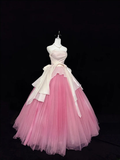 Classy Ball Gown Strapless Pink Tulle With Bow Quince Dress Voluminous Sweet 16 Quinceanera Dresses Vestido de RB7446