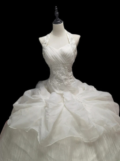 Unique Ball Gown Halter White Layered Tiered Tulle With Beads Long Wedding Quinceanera Dresses Sweet 15 16 Birthday Gown AS075