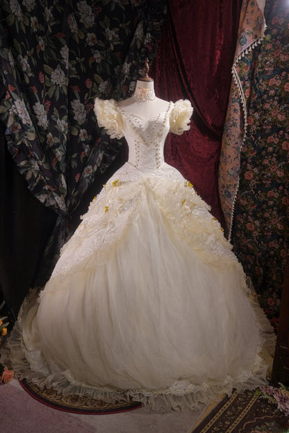Vintage Ball Gown Sweetheart Light Yellow Tulle With Flowers Tulle Long Autumn Brides Gown Bridal Dress Wedding Dresses RB8095