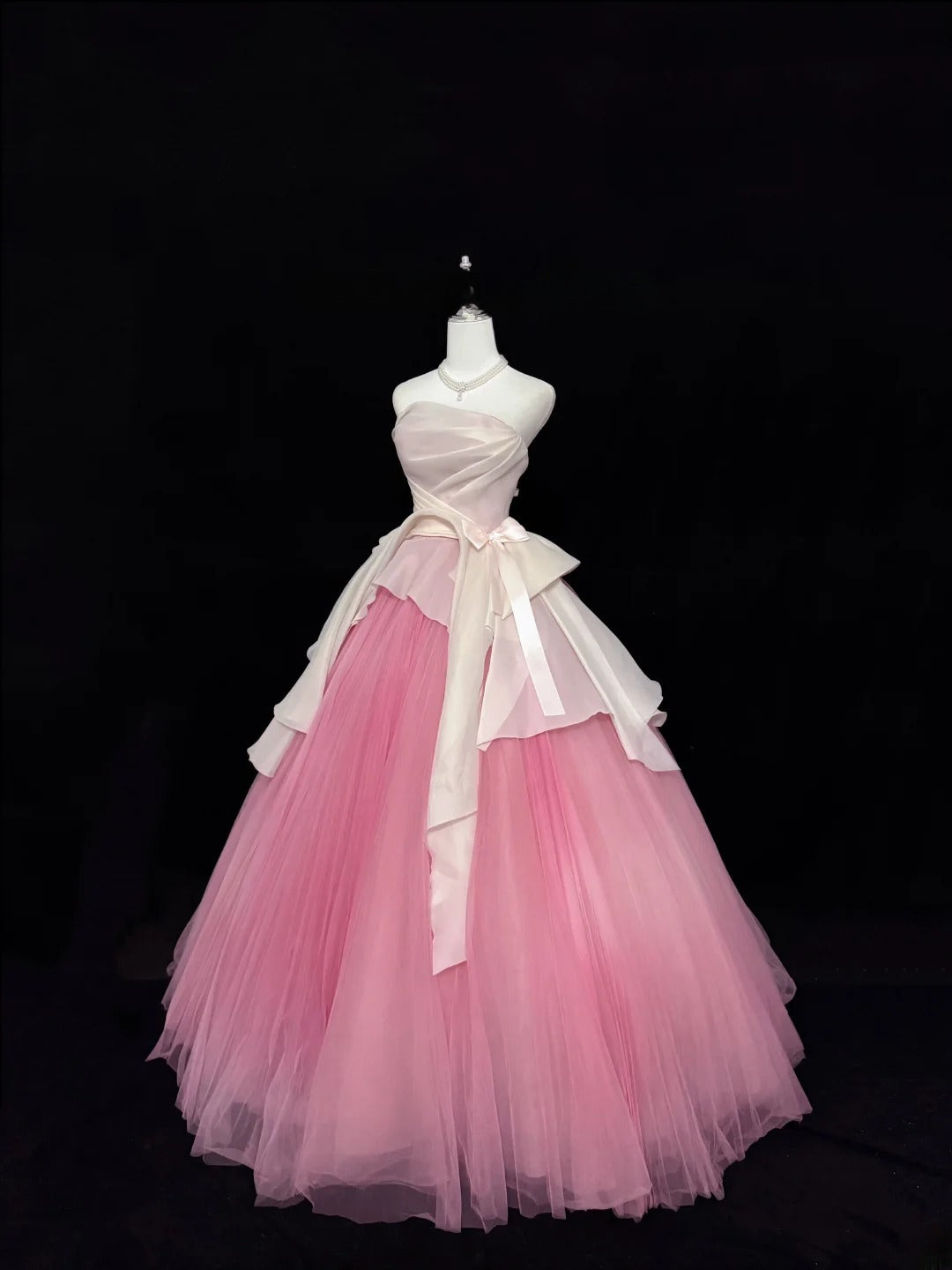 Classy Ball Gown Strapless Pink Tulle With Bow Quince Dress Voluminous Sweet 16 Quinceanera Dresses Vestido de RB7446