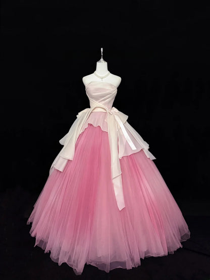 Classy Ball Gown Strapless Pink Tulle With Bow Quince Dress Voluminous Sweet 16 Quinceanera Dresses Vestido de RB7446