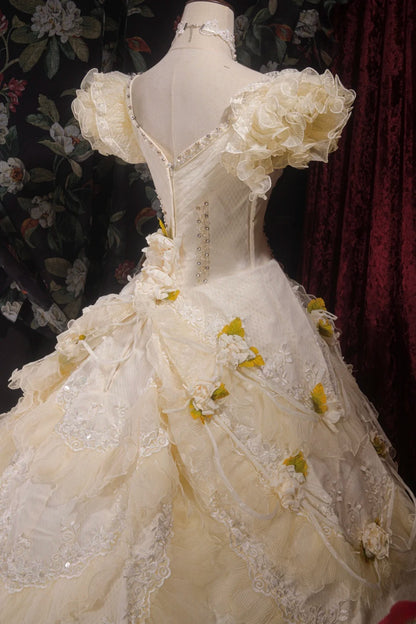 Vintage Ball Gown Sweetheart Light Yellow Tulle With Flowers Tulle Long Autumn Brides Gown Bridal Dress Wedding Dresses RB8095
