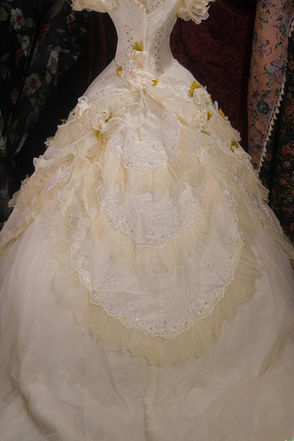 Vintage Ball Gown Sweetheart Light Yellow Tulle With Flowers Tulle Long Autumn Brides Gown Bridal Dress Wedding Dresses RB8095