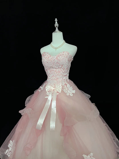 Cute Ball Gown Sweetheart Pink Tulle With Bow Appliques Quince Dress Voluminous Ideas Sweet 16 Quinceanera Dresses Vestido de 15 RB7447