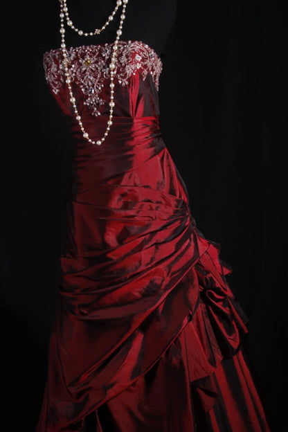 Vintage Ball Gowns Strapless Burgundy Wine Red Dark Satin Party Dress With Beads 1950s Retro Classy Birthday Dinner Long Prom Dresses AS076