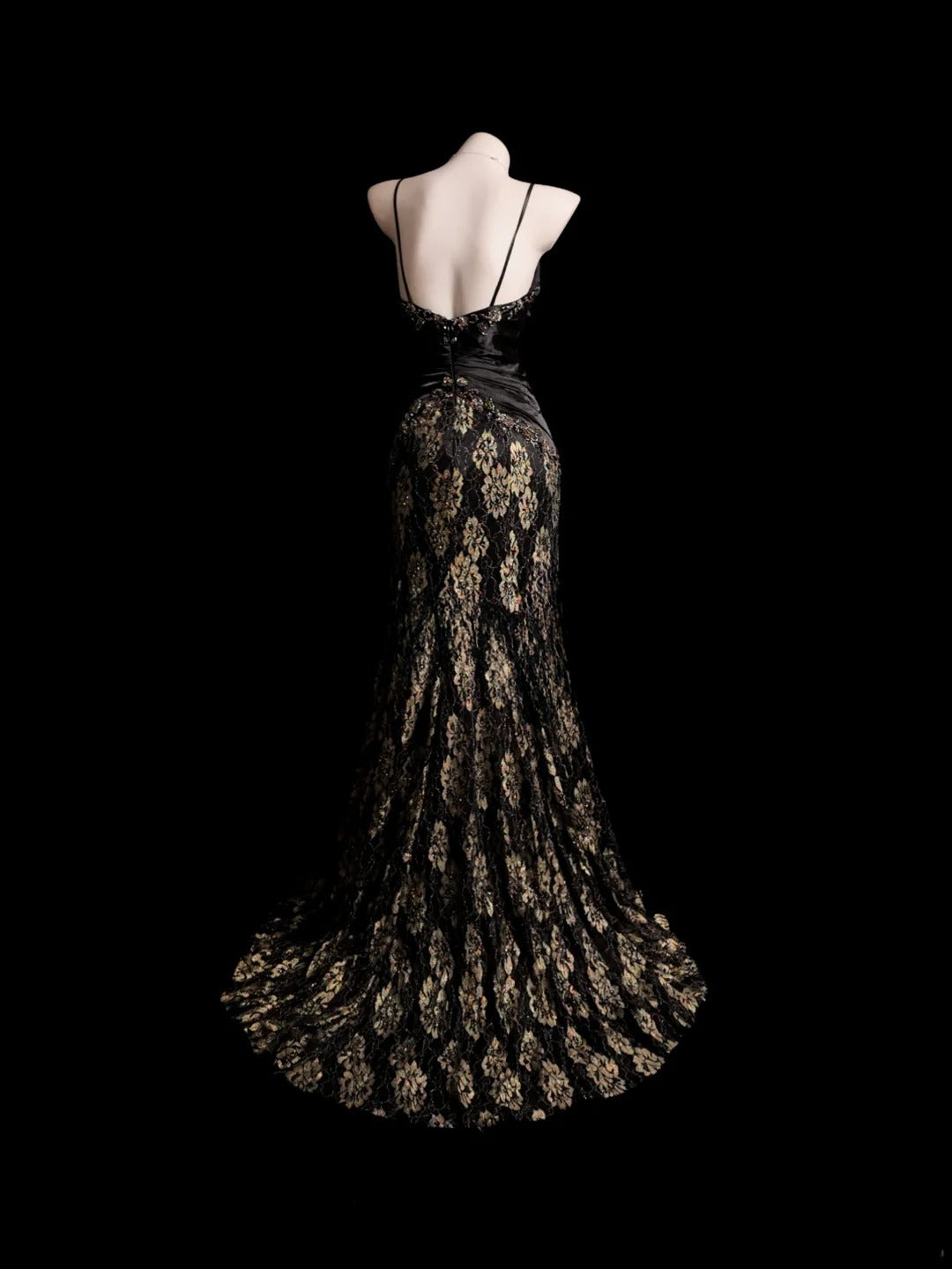 Black Prom Dress Inspo Mermaid Spaghetti Straps Gold Lace Modest Long Formal Party Gown RB9878
