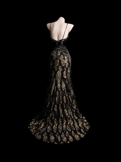 Black Prom Dress Inspo Mermaid Spaghetti Straps Gold Lace Modest Long Formal Party Gown RB9878