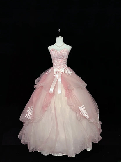 Cute Ball Gown Sweetheart Pink Tulle With Bow Appliques Quince Dress Voluminous Ideas Sweet 16 Quinceanera Dresses Vestido de 15 RB7447