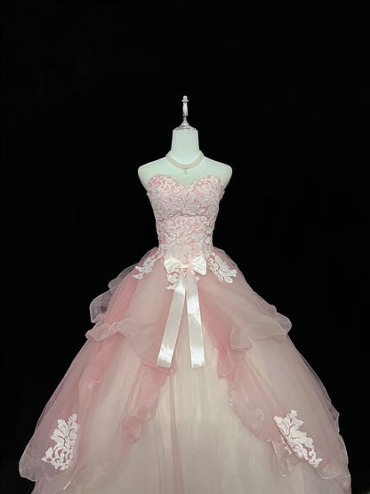 Cute Ball Gown Sweetheart Pink Tulle With Bow Appliques Quince Dress Voluminous Ideas Sweet 16 Quinceanera Dresses Vestido de 15 RB7447
