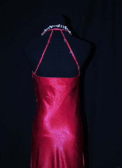 Charming Mermaid Halter Hot Pink Satin Sleeveless Long Prom Dresses Party Formal Gowns AS077