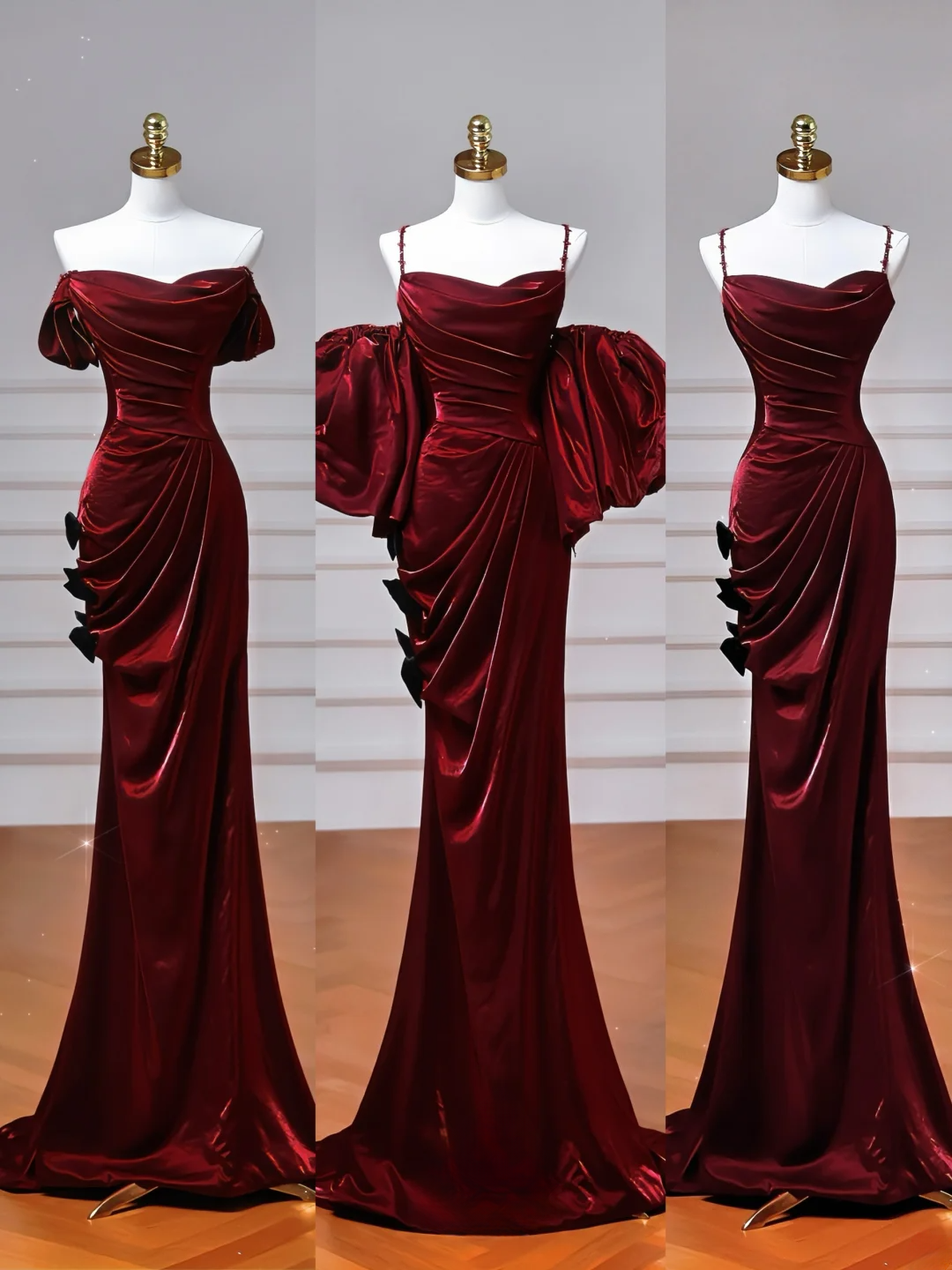 Classy Mermaid Spaghetti Straps Burgundy With Sleeves Long Formal Prom Dresses Dance Night Outfits Party Gowns AQ077